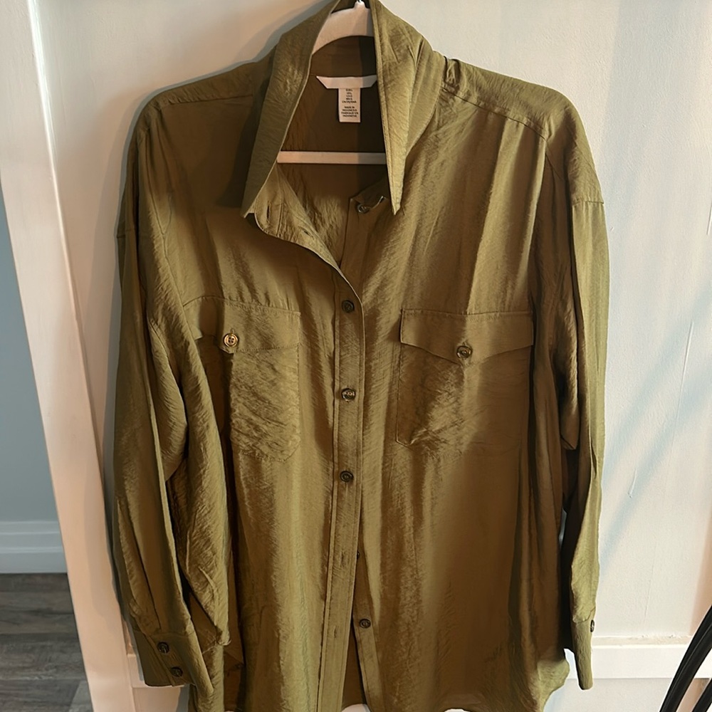 Olive Green Krinkle Oversized Button Down
